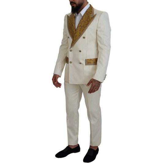 Dolce & Gabbana Elegant Off White Double Breasted Suit off-white-gold-striped-tuxedo-slim-fit-suit