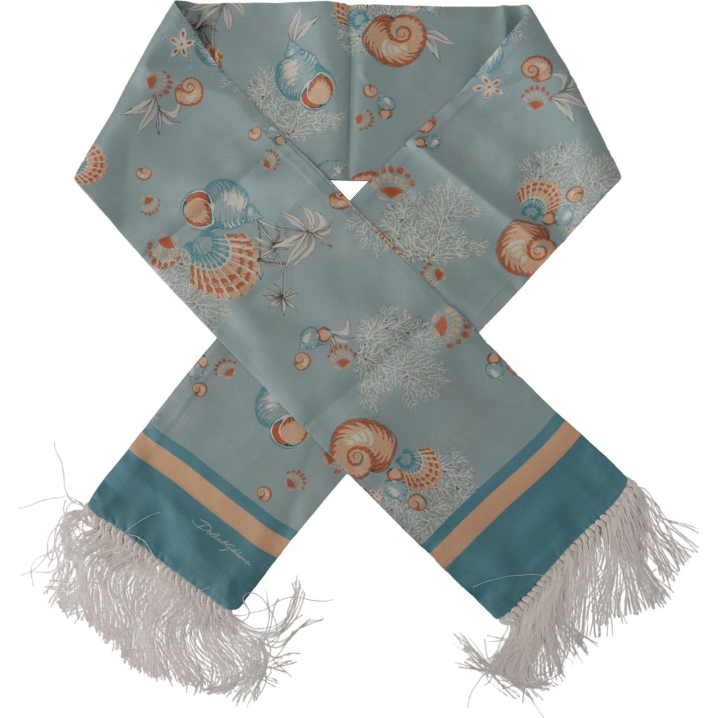 Dolce & Gabbana Elegant Silk Scarf with Shell Motif blue-silk-shiny-shell-print-neck-wrap-fringed-scarf