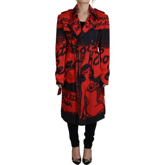 Dsquared² Red Printed Button Collared Desigual Coat Jacket red-printed-button-collared-desigual-coat-jacket