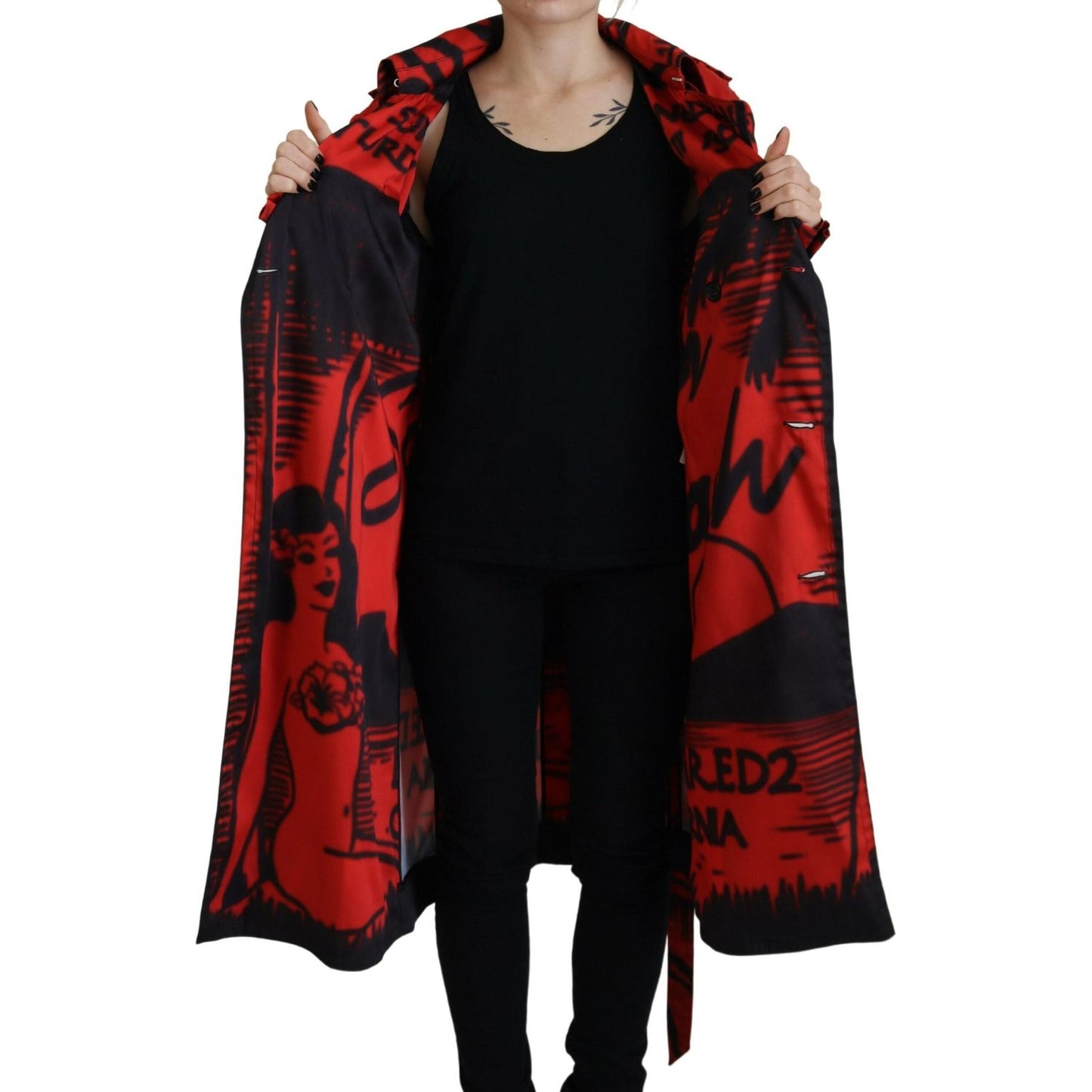 Dsquared² Red Printed Button Collared Desigual Coat Jacket red-printed-button-collared-desigual-coat-jacket