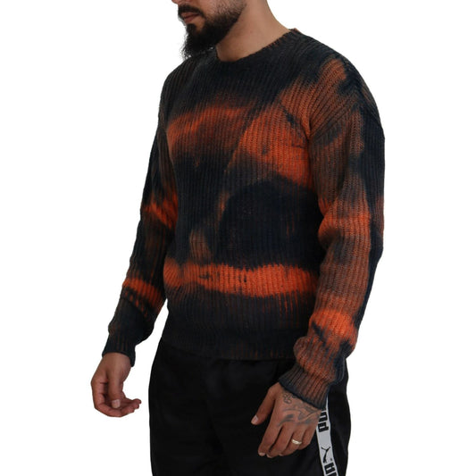 Black Orange Cotton Tie Dye Men Pullover Sweater