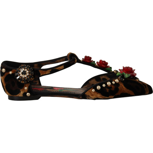 Dolce & Gabbana Floral Embellished Leopard T-Strap Sandals brown-ballerina-embellished-leopard-print-shoes
