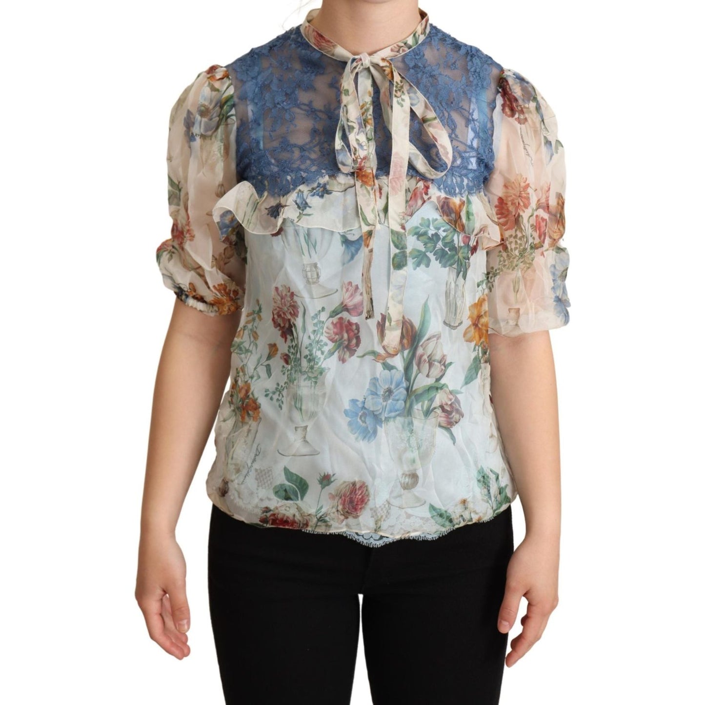 Dolce & Gabbana Chic Floral Silk Blouse with Ascot Collar chic-floral-silk-blouse-with-ascot-collar