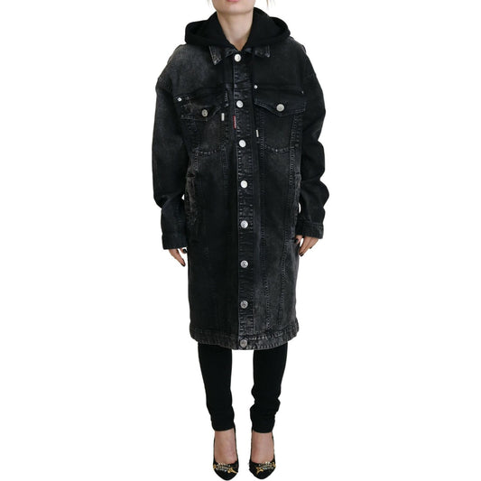Dsquared² Black Washed Hooded Women Long Denim Blazer Jacket black-washed-hooded-women-long-denim-blazer-jacket
