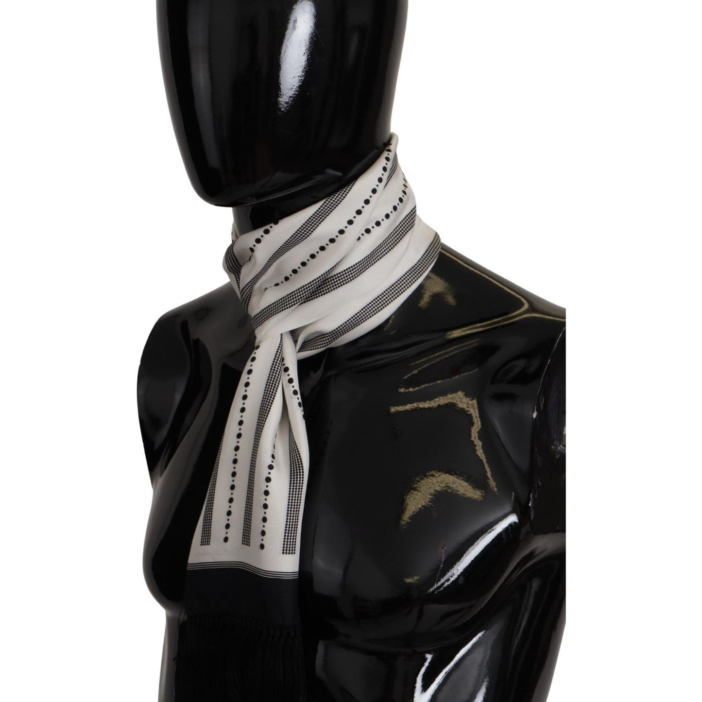 Dolce & Gabbana Elegant Monochrome Silk Men's Scarf black-white-silk-polka-dot-print-shawl-fringe-scarf