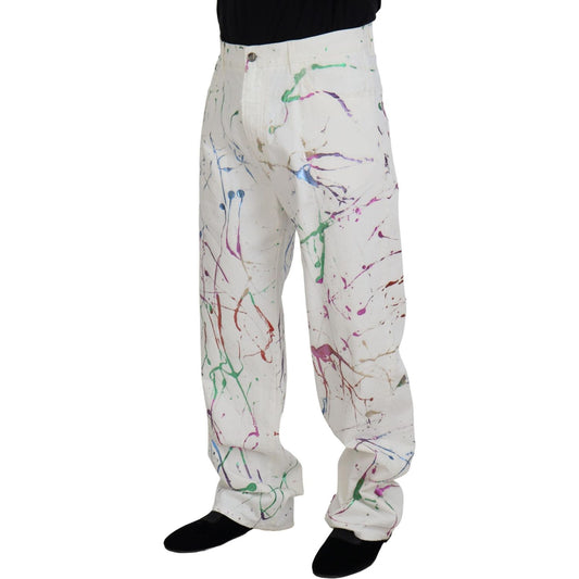 Dolce & Gabbana Chic White Splash Print Denim Pants white-cotton-color-splash-print-denim-pants