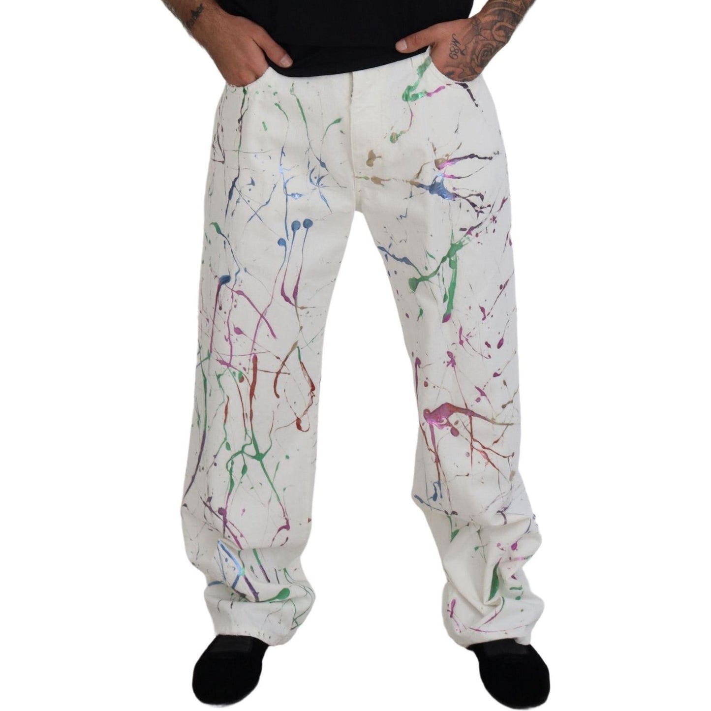 Dolce & Gabbana Chic White Splash Print Denim Pants white-cotton-color-splash-print-denim-pants