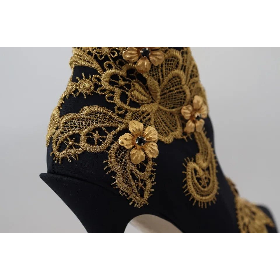 Black Gold Embroidery Slip On Boots Shoes