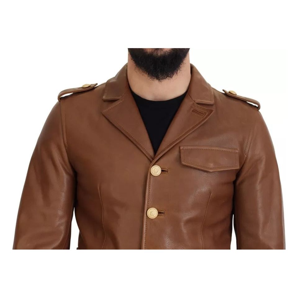 Dolce & Gabbana Brown Calfskin Button Down Blouson Jacket brown-calfskin-button-down-blouson-jacket