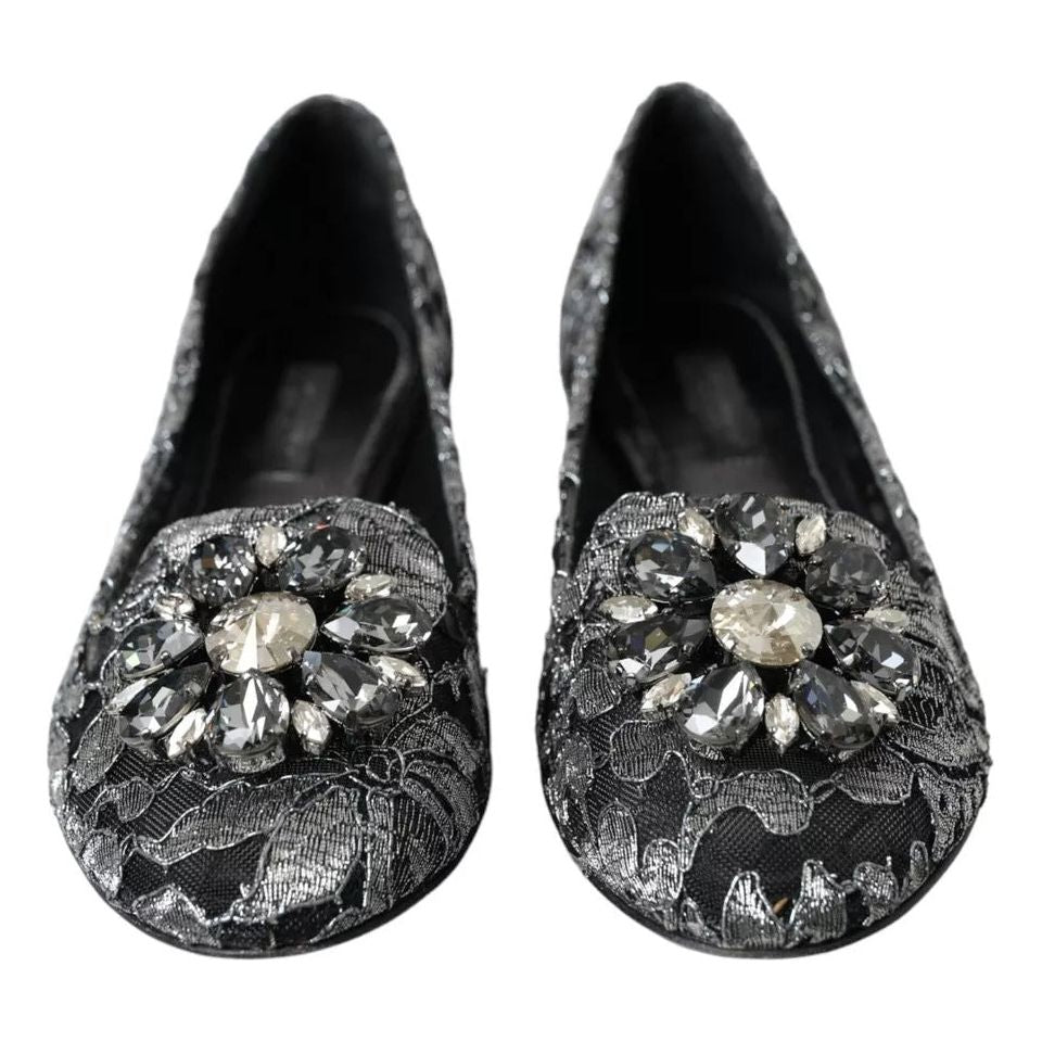 Gray Black Lace Crystal Ballet Loafers Shoes