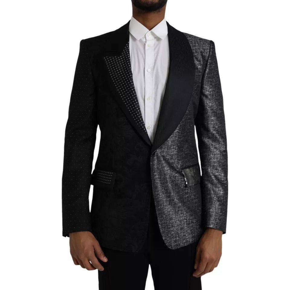 Dolce & Gabbana Black Silver Silk Single Breasted Coat Blazer black-silver-silk-single-breasted-coat-blazer