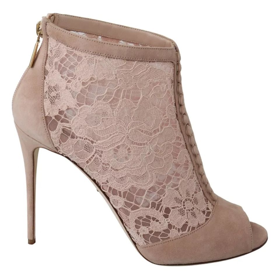 Beige Lace Suede Peep Toe Ankle Boots Shoes