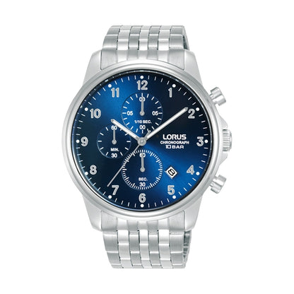 LORUS WATCHES Mod. RM337JX9 with blue dial and silver strap, showcasing a chronograph feature. Elegant design and precise timekeeping.
