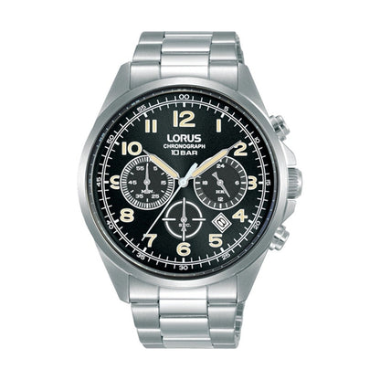 LORUS WATCHES Mod. RT303KX9 men's stainless steel chronograph with black dial and silver bracelet.