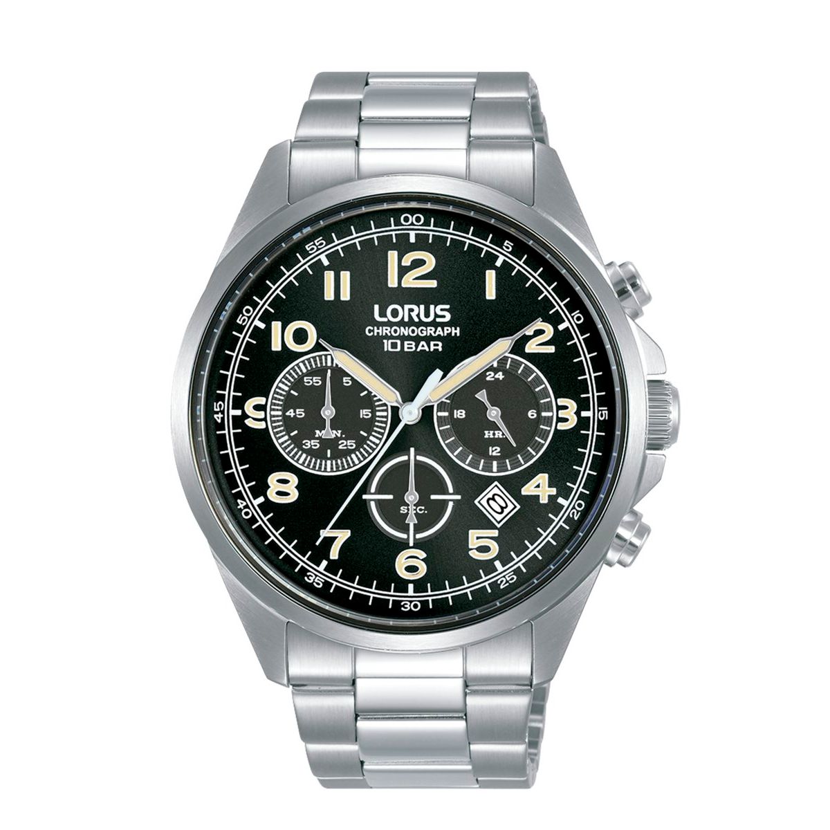 LORUS WATCHES Mod. RT303KX9 - Stylish silver chronograph with black dial and stainless steel bracelet.