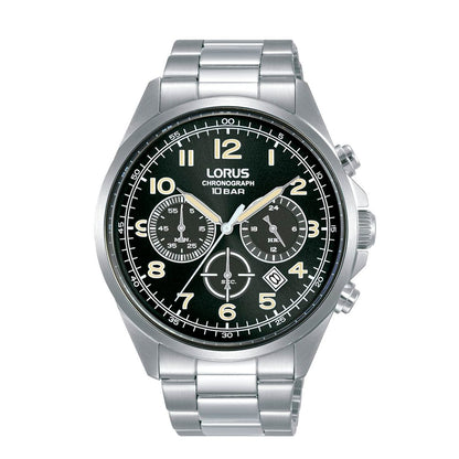 LORUS WATCHES Mod. RT303KX9 - Stylish silver chronograph with black dial and stainless steel bracelet.