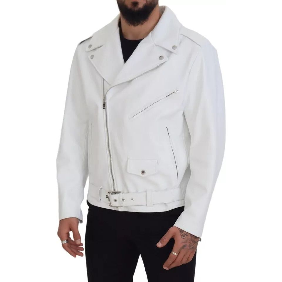 White Leather Biker Coat Zipper Jacket