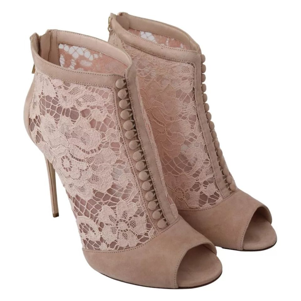 Beige Lace Suede Peep Toe Ankle Boots Shoes