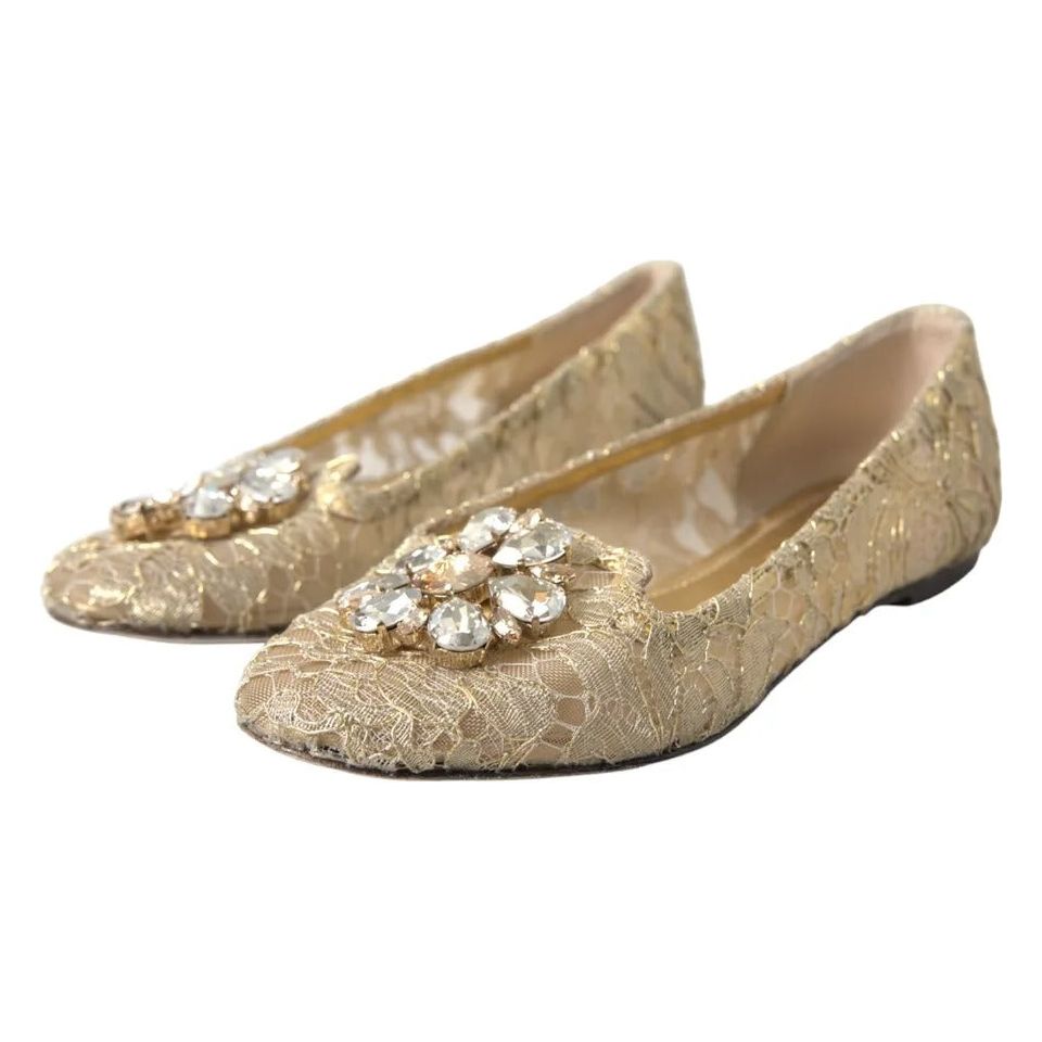 Gold Lace Crystal Ballet Loafers Shoes