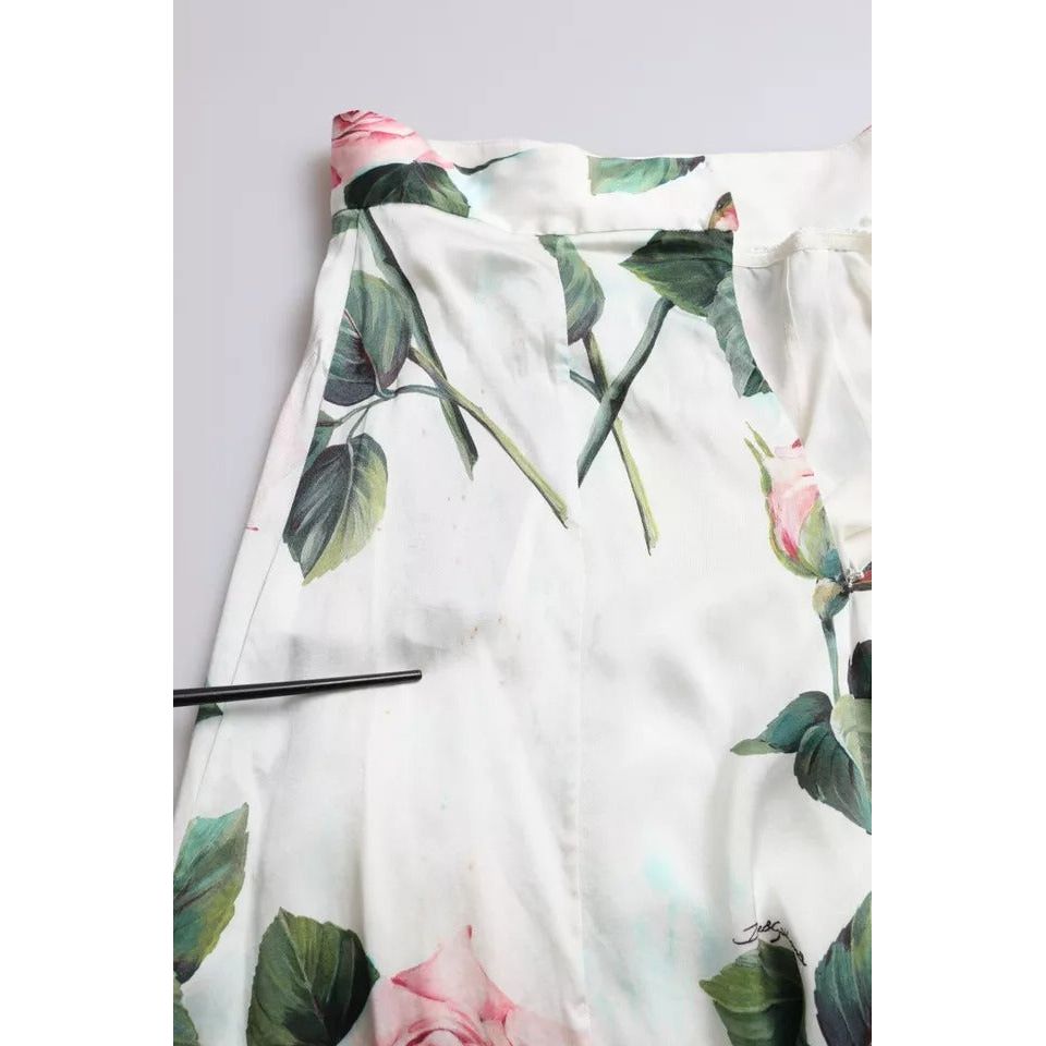 White Rose Print High Waist Midi A-line Skirt