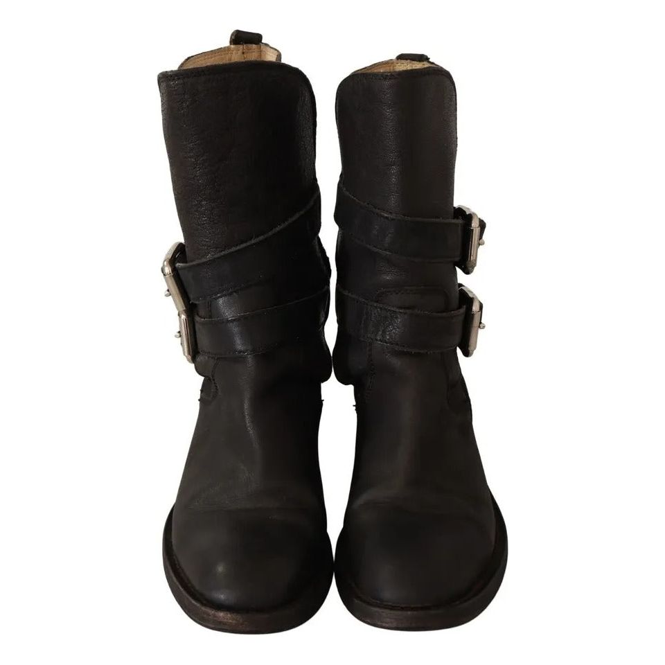 Black Leather Buckle Mid Calf Boots Shoes