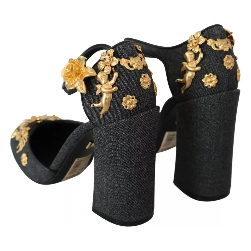 Black Floral Angel Applique Ankle Strap Pumps Shoes