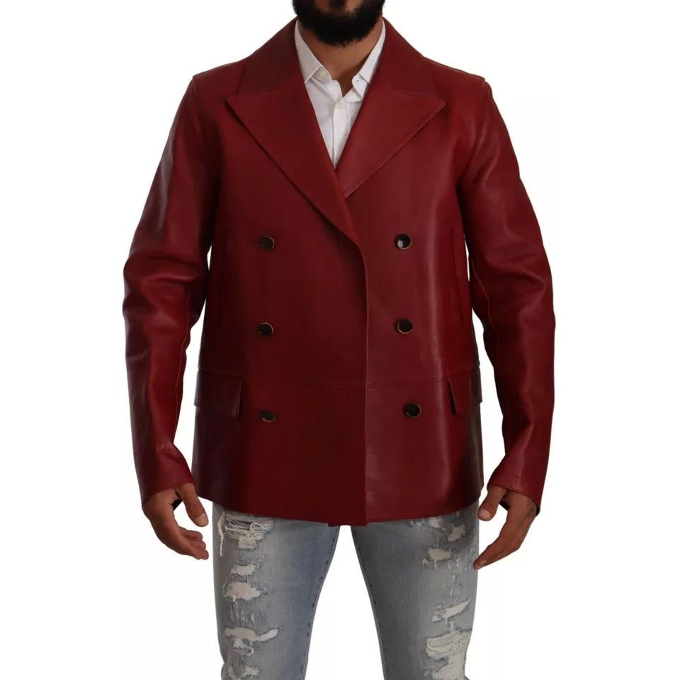 Red Double Breasted Leather Coat Jacket