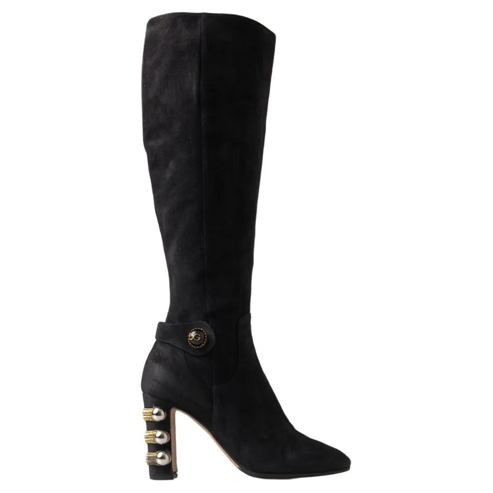 Black Suede Embellished High Boots Shoes