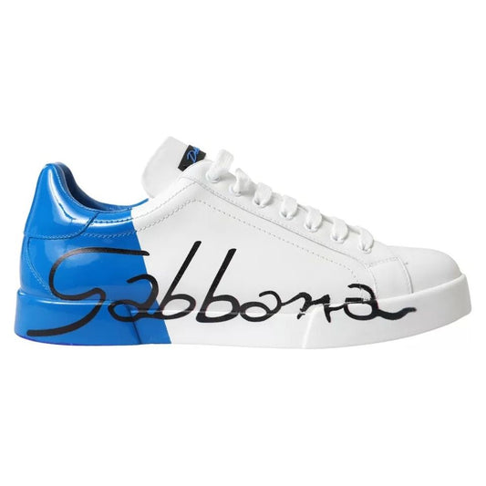 White Blue Leather Logo Low Top Sneakers Shoes