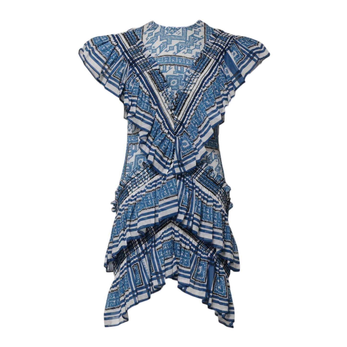 Philosophy di Lorenzo Serafini Blue Patterned Layered Short Sleeves Mini Dress Philosophy di Lorenzo Serafini
