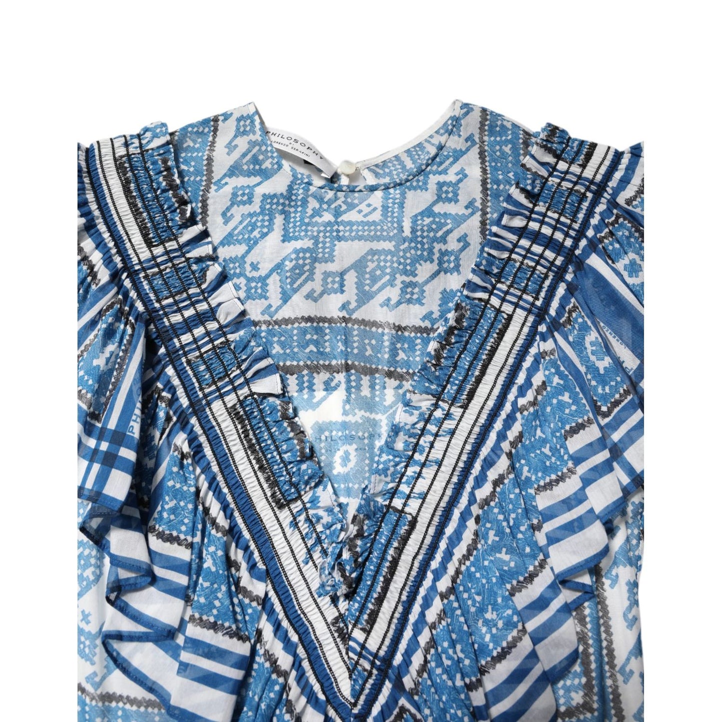 Philosophy di Lorenzo Serafini Blue Patterned Layered Short Sleeves Mini Dress Philosophy di Lorenzo Serafini