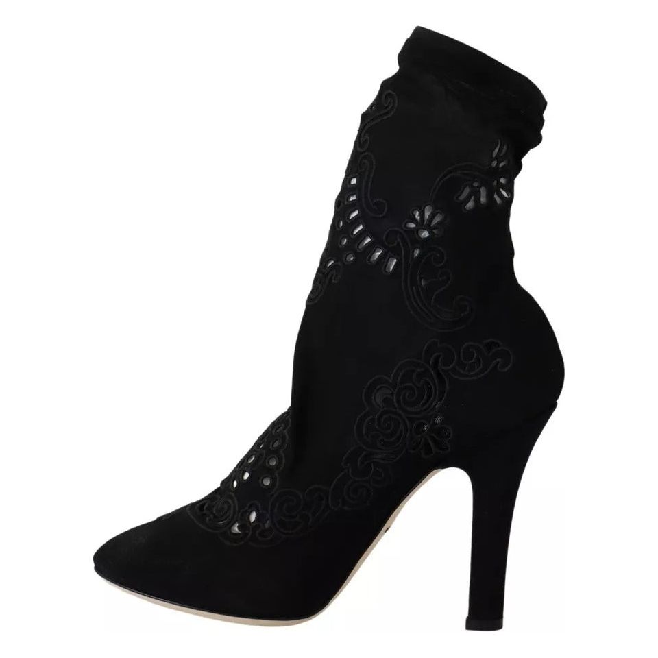 Black Stretch Pumps Boots Floral Lace Shoes