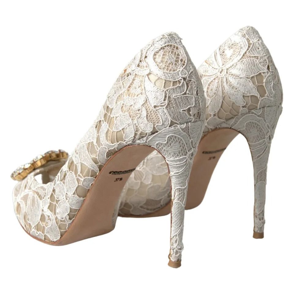 White Taormina Lace Crystal Heels Pumps Shoes