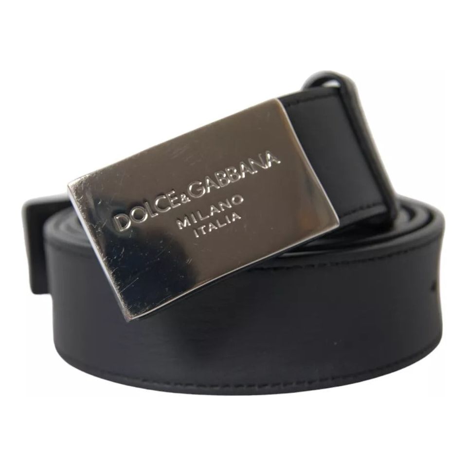 Dolce & Gabbana Black Leather Silver Rectangle Buckle Belt black-leather-silver-rectangle-buckle-belt