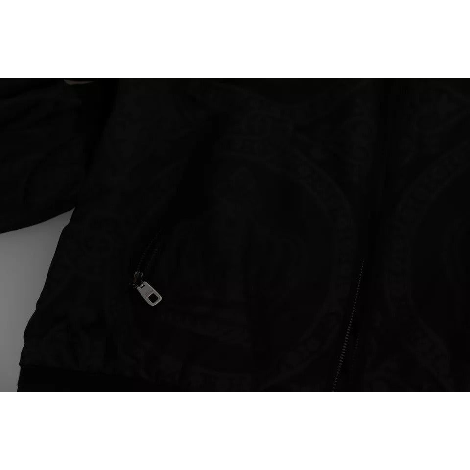Black Nylon Crown Print Bomber Full Zip Jacket