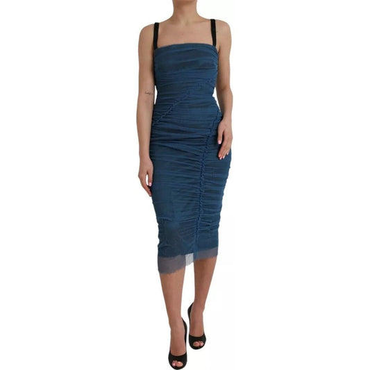 Dolce & Gabbana Blue Mesh Trim Ruched Tulle Sheath Dress blue-mesh-trim-ruched-tulle-sheath-dress-3