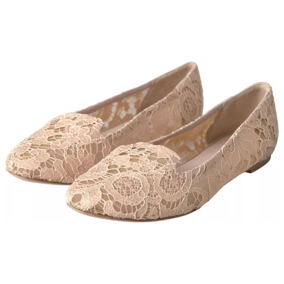 Beige Floral Lace Loafers Flats Shoes