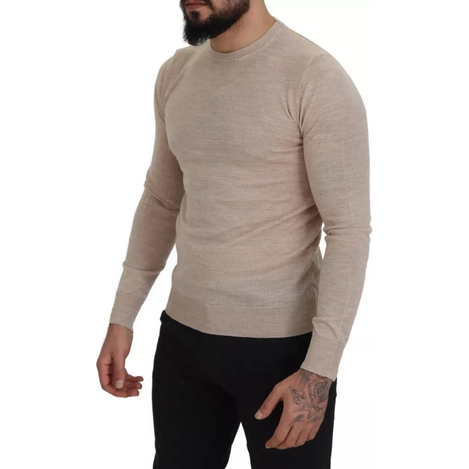 Beige Virgin Wool Crew Neck Pullover Sweater