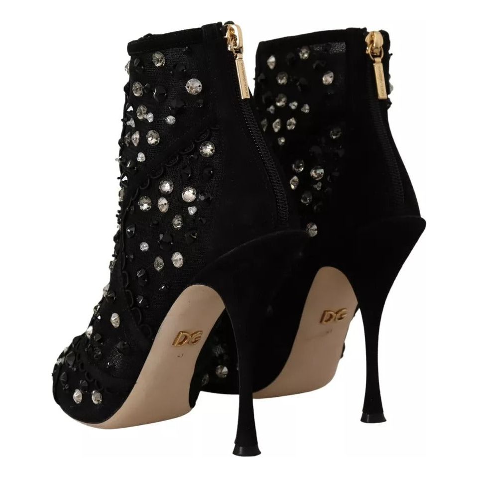 Black Tulle Suede Crystals Heels Boots Shoes