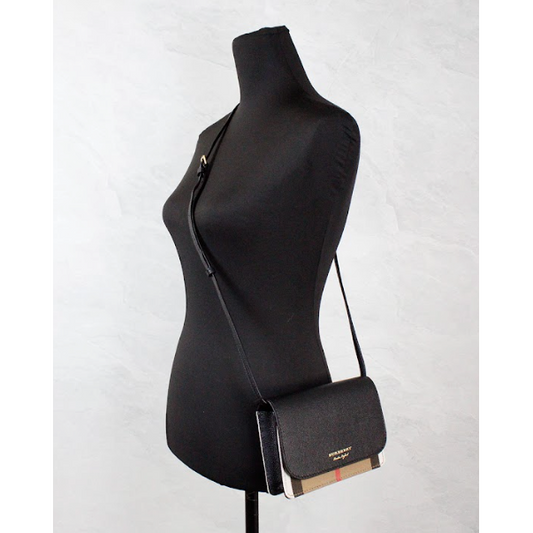 Burberry | Hampshire Small House Check Canvas Black Derby Leather Crossbody Bag| McRichard Designer Brands   