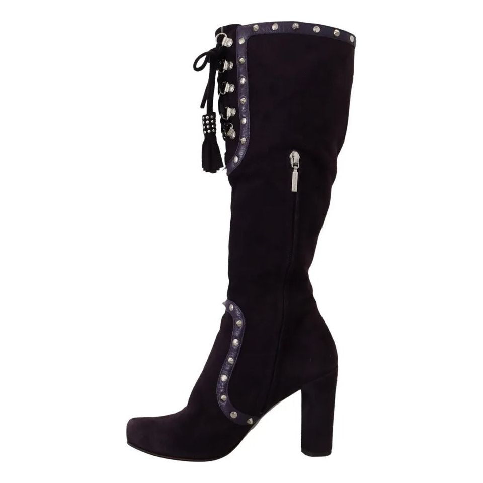 Purple Suede Leather Studded High Boots Shoes