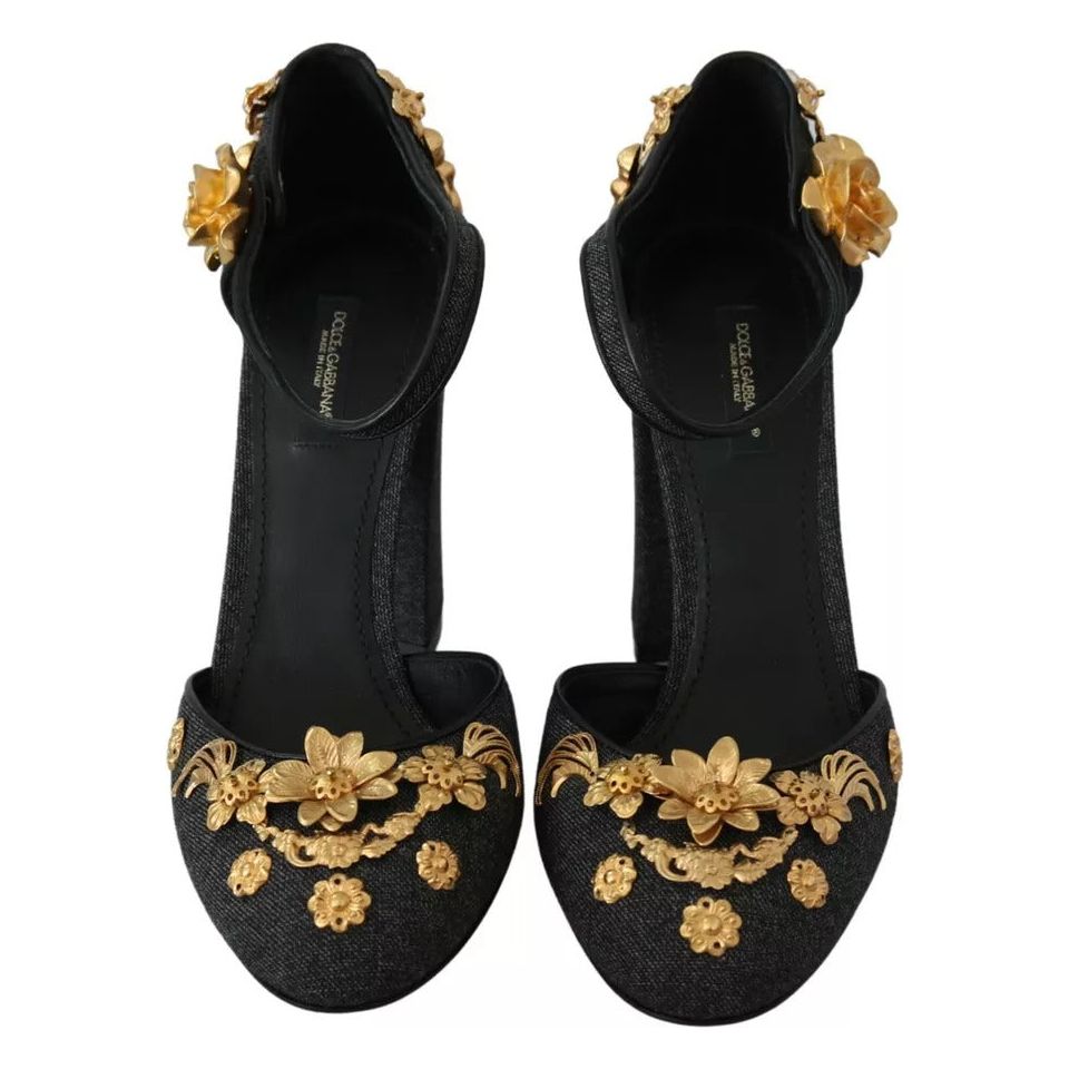 Black Floral Angel Applique Ankle Strap Pumps Shoes