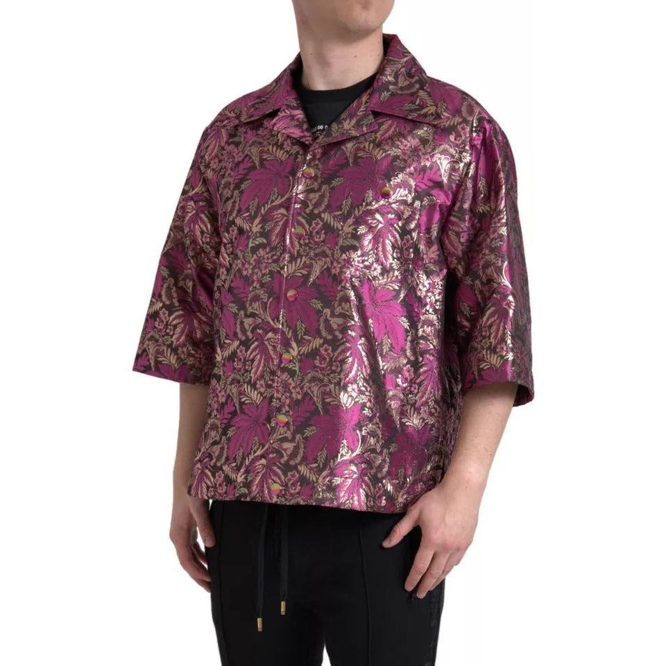 Fuchsia Pink Floral Jacquard Button Down Shirt