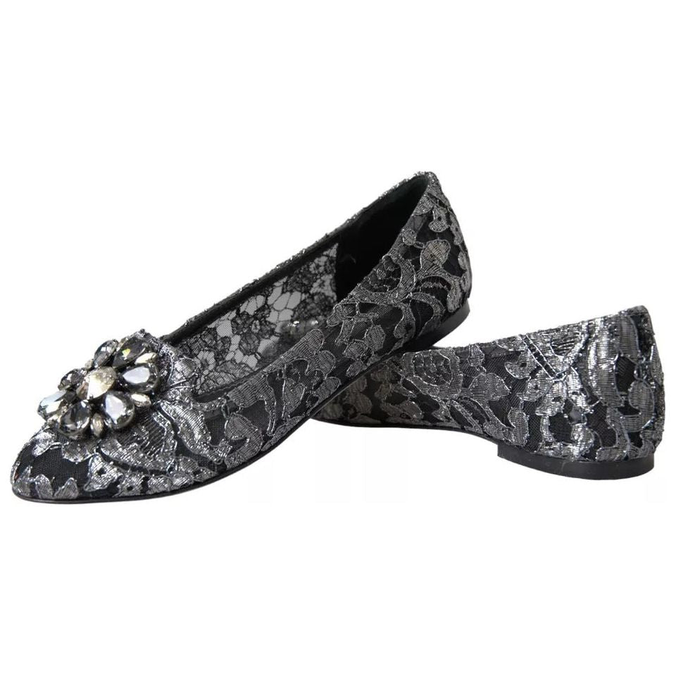 Gray Black Lace Crystal Ballet Loafers Shoes