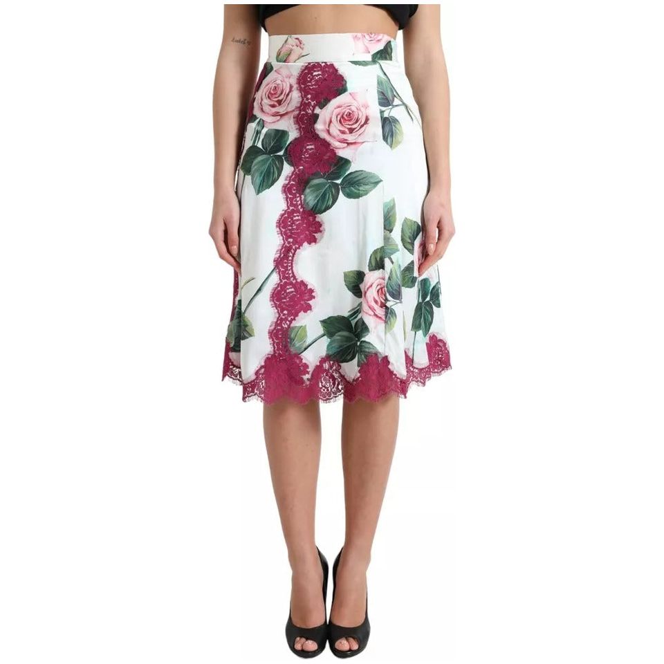 White Rose Print High Waist Midi A-line Skirt