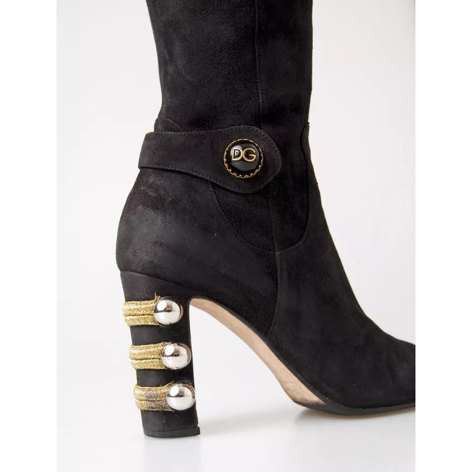 Black Suede Embellished High Boots Shoes