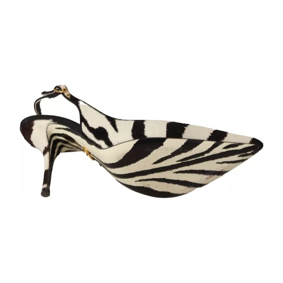 Black White Zebra Leather Heels Slingback Shoes