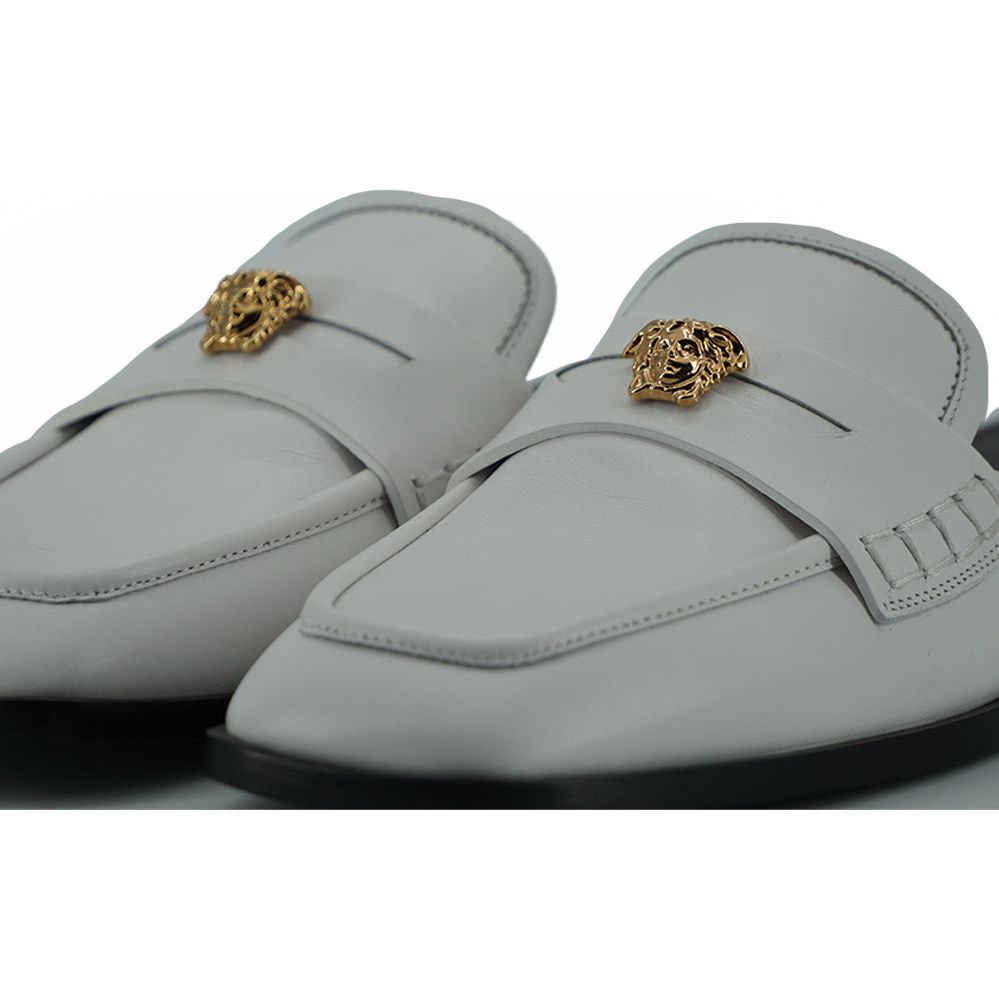 Versace Elegant White Leather Flat Slides white-calf-leather-slides-flat-shoes