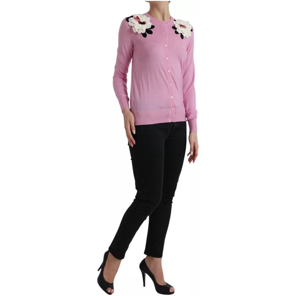 Pink Floral Crew Neck Button Cardigan Sweater