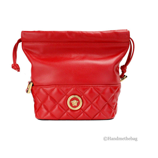 Versace Red Quilted Leather Drawstring Shoulder Bag Bucket Crossbody Handbag 1728,67346104480,Bags,Gold,Handbags - Bags,New with tags,Versace,Women